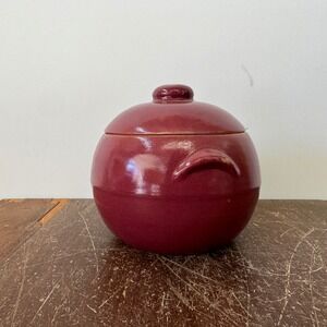 Uhl Pottery Co. Crock Pot Bean Dish Burgundy Glaze Ceramic Lid Handles Vintage